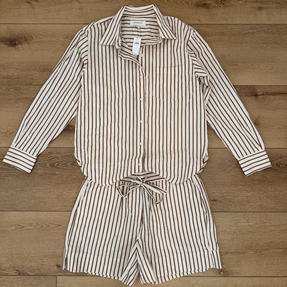 NWT Banana Republic Seersucker Shirt & Drawstring Shorts Brown Stripes Set